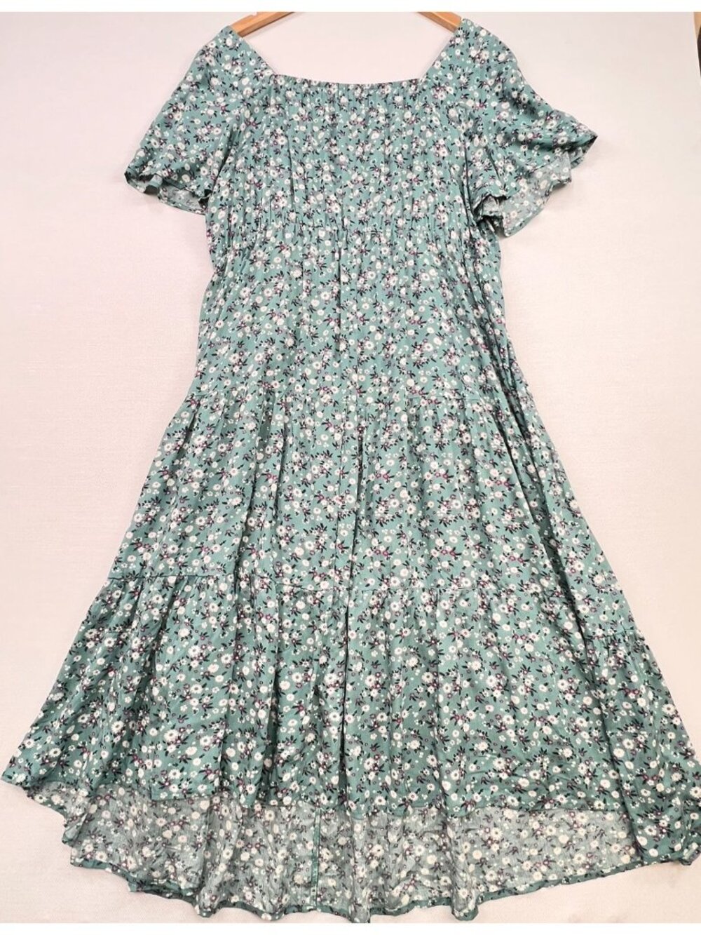 Womens Cottagecore Drawstring Maxi Dress Flutter Sleeve 18-20 Green Blue Floral - Picture 2 of 15